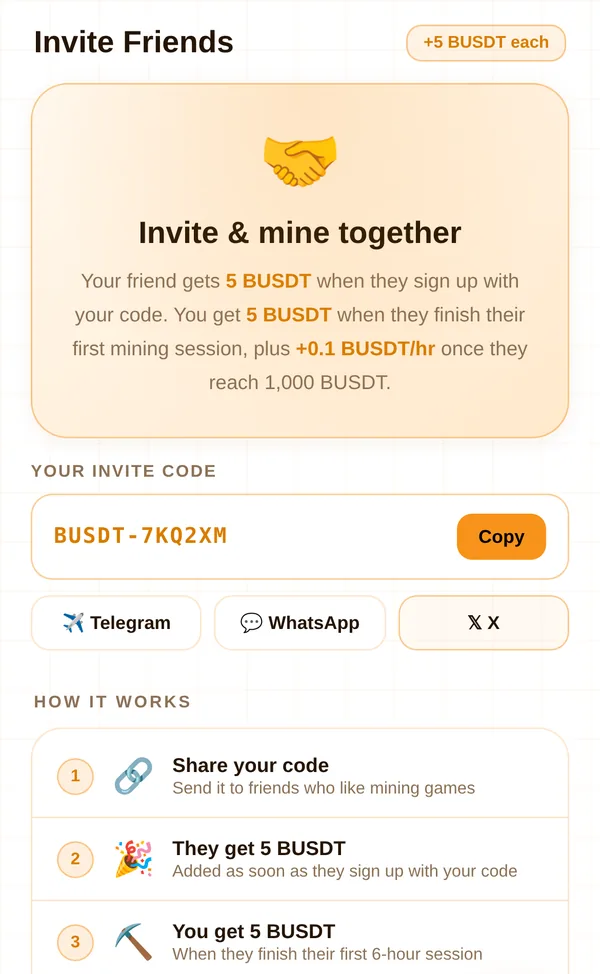 Invite screen with a personal invite code and share buttons